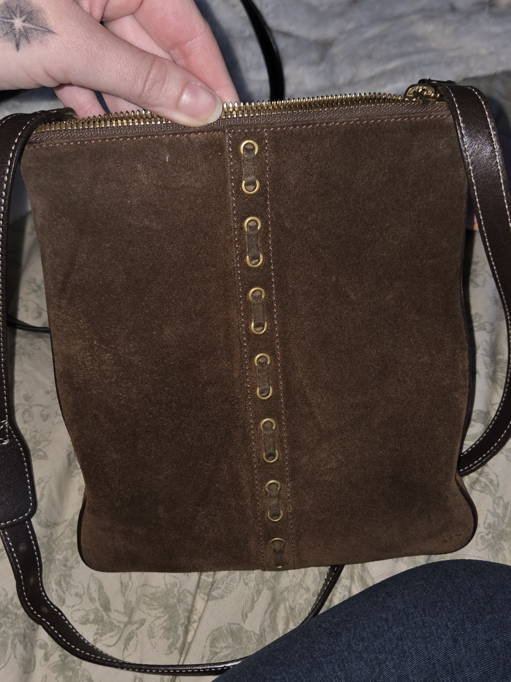 Coach Brown Suede Crossbody with Brass Eyelet Detail